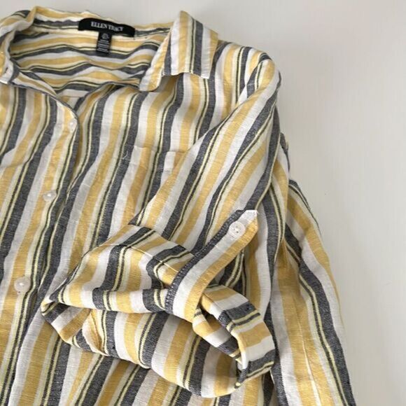 Ellen Tracy Linen Front Tie Button Down Collar Stripe Top Women's Size L - Picture 15 of 16